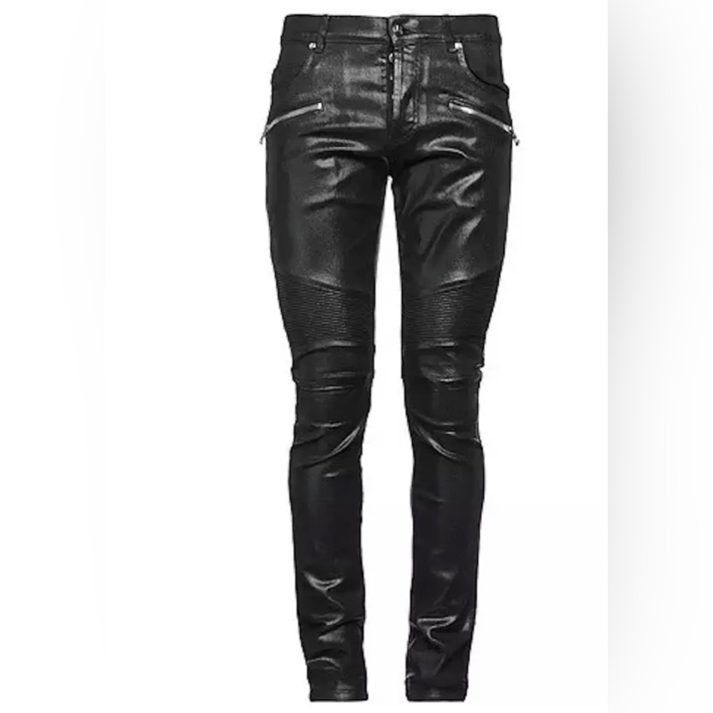 Balmain Skinny Biker Shiny Coated Black Jeans Price Sz30
